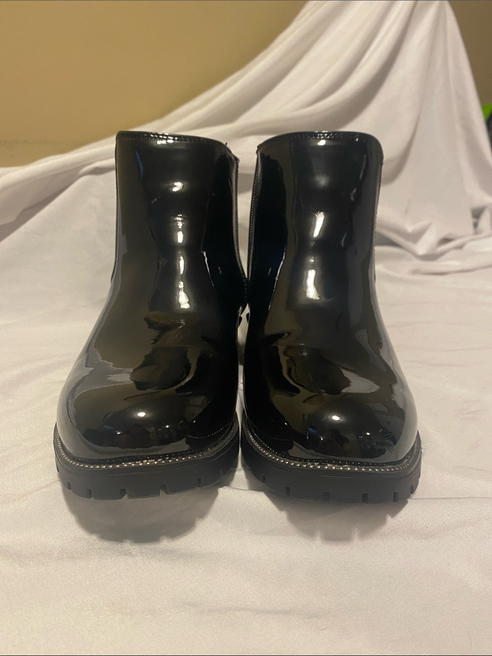 MIA Black Patent Ankle Booties with Lug Sole
